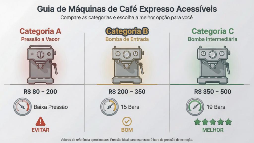 Infográfico comparativo das três categorias de cafeteiras
espresso até R$ 500: Categoria A pressão por vapor (evitar),
Categoria B bomba de entrada (boa) e Categoria C bomba
intermediária (melhor), com código de cores e avaliações.