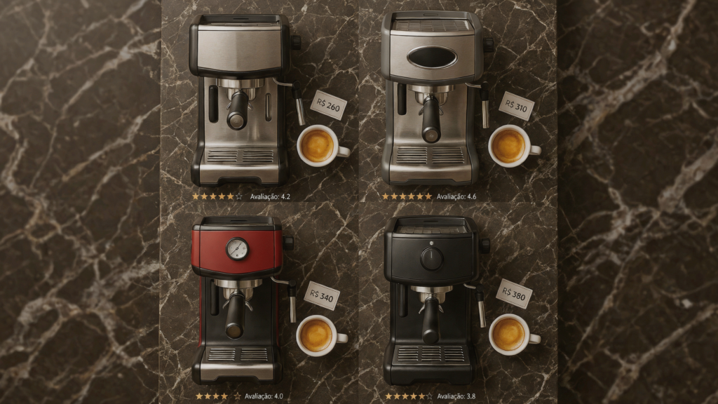 Comparativo de quatro cafeteiras espresso da Categoria B
(bomba vibratória de entrada) em flat lay sobre mármore
escuro com xícaras de espresso, etiquetas de preço
de R$ 260 a R$ 380 e avaliações em estrelas.
