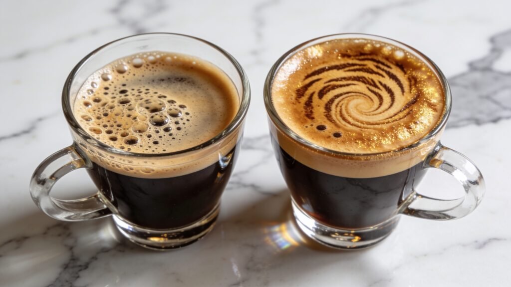  Duas xícaras de espresso lado a lado mostrando diferença de crema entre sistema pressurizado e não pressurizado