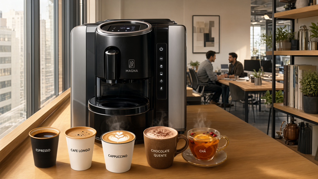 Máquina multibebidas de cápsulas em canto de café corporativo com espresso, café longo, cappuccino, chocolate quente e chá dispostos à frente.