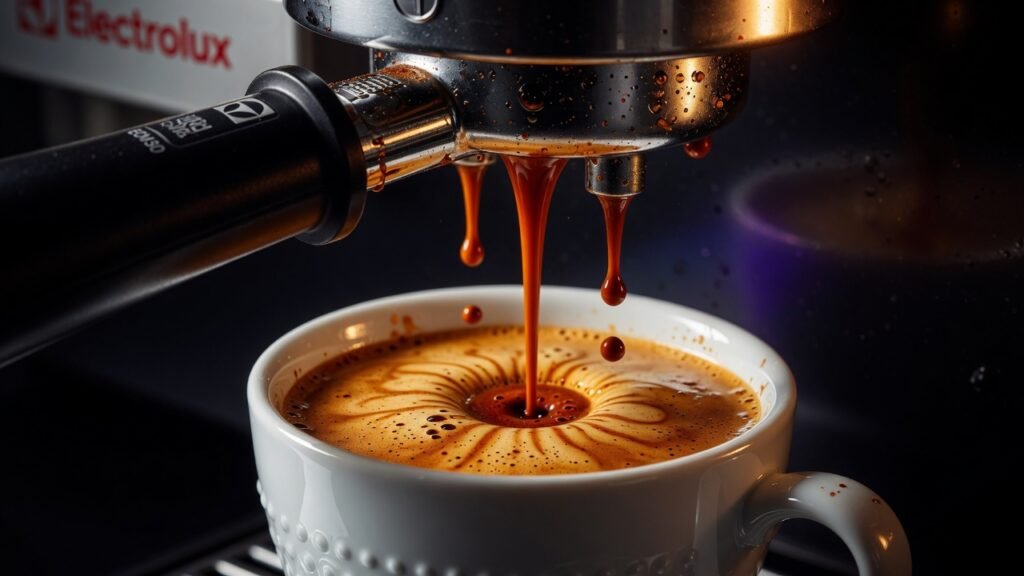 Espresso sendo extraído pela Electrolux ECM30 com crema dourada na xícara