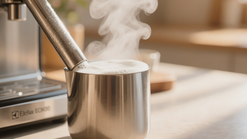 Bico vaporizador da Electrolux ECM30 espumando leite em jarra metálica para cappuccino