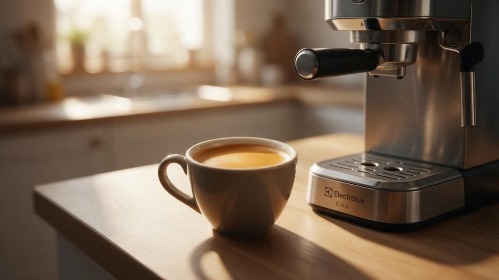 Xícara de espresso perfeita preparada na Electrolux ECM30 com crema densa e aroma visível