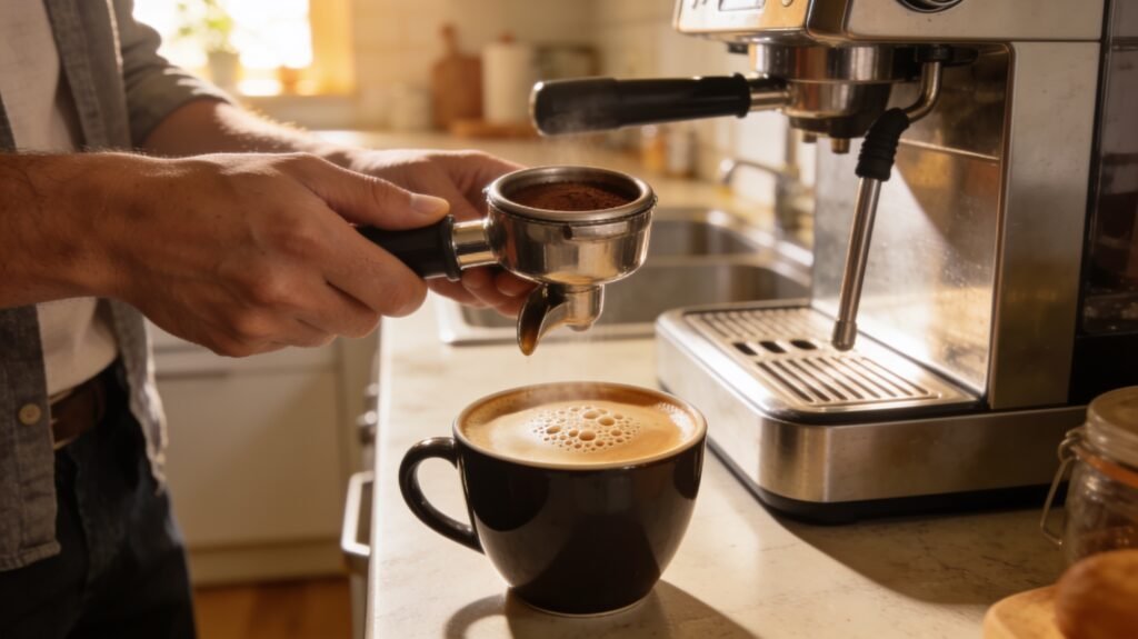 Pessoa preparando espresso com porta-filtro em cafeteira doméstica na cozinha