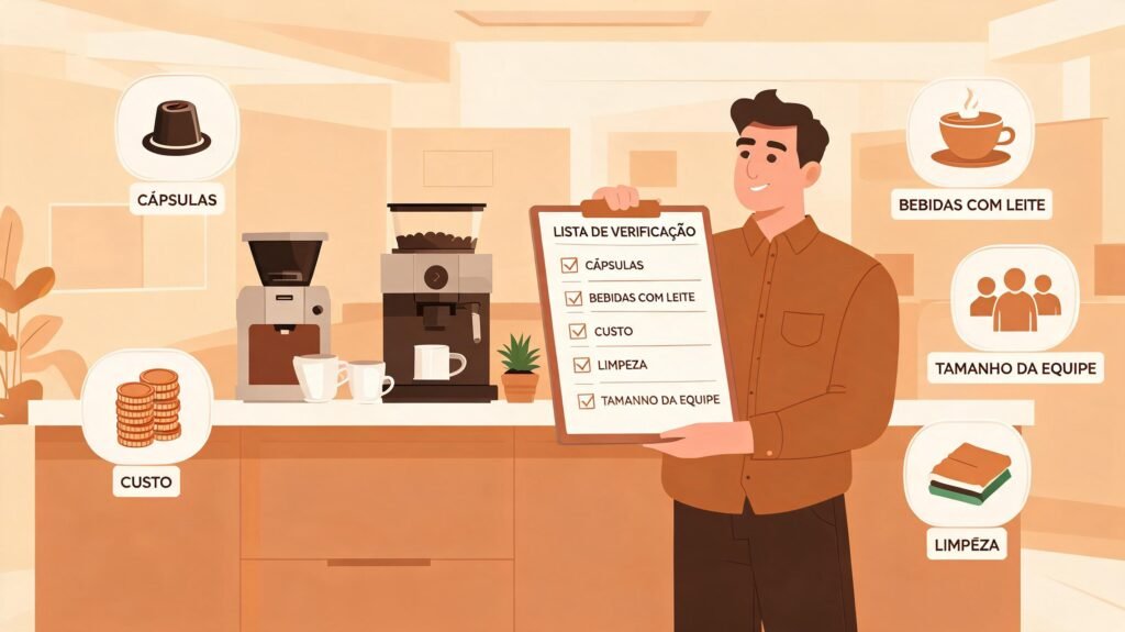 Ilustração editorial de gestor comparando opções de cafeteira para escritório com checklist e ícones de cápsulas, leite, custo, limpeza e tamanho da equipe.
