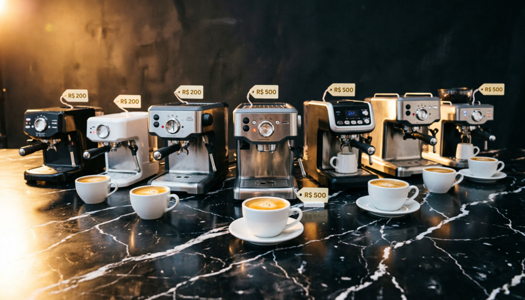 Coleção de cafeteiras espresso domésticas acessíveis sobre
mármore escuro com etiquetas de preço de R$ 200 a R$ 500
e xícaras com crema dourada à frente de cada modelo
em iluminação dramática de estúdio.