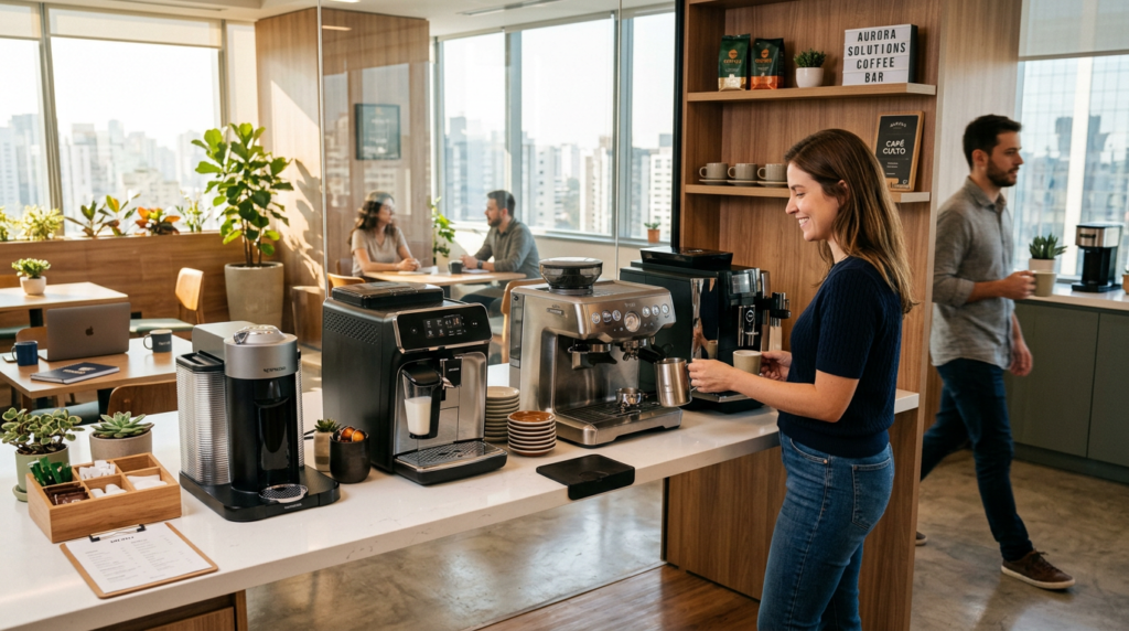 Estação de café em ambiente de escritório com quatro cafeteiras diferentes sobre bancada compartilhada, em clima corporativo moderno com luz natural suave.