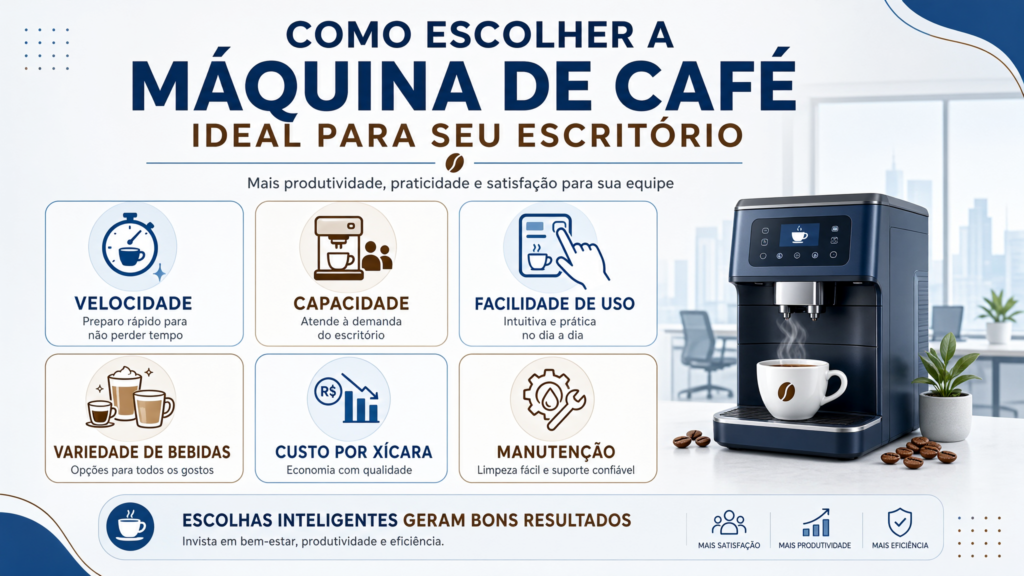 Infográfico com seis critérios de seleção de cafeteira para escritório: velocidade, capacidade, facilidade de uso, variedade, custo por xícara e manutenção.