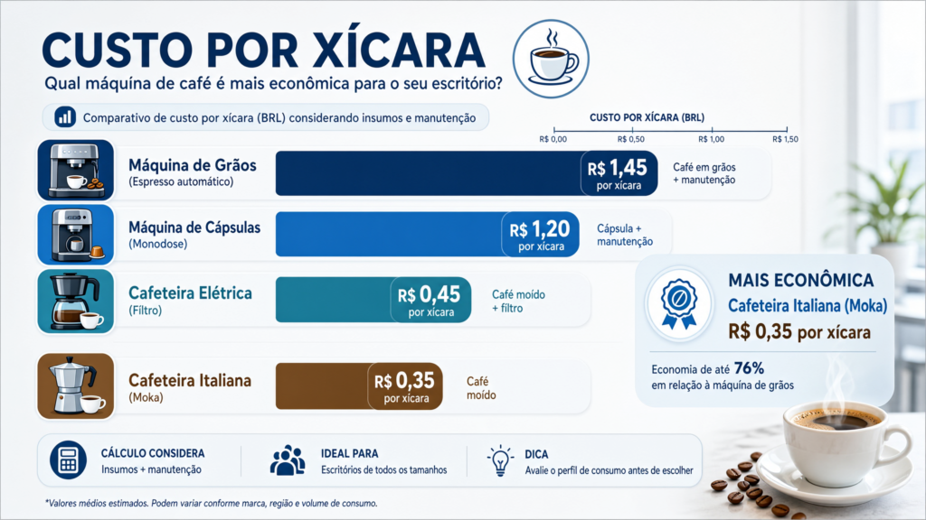Infográfico de barras horizontais comparando custo por xícara de quatro cafeteiras para escritório, com valores em reais e visual corporativo limpo.