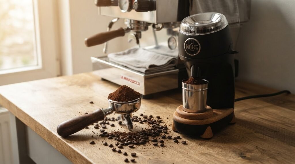 Moedor de café de rebarbas ao lado de porta-filtro não pressurizado e café em grãos frescos