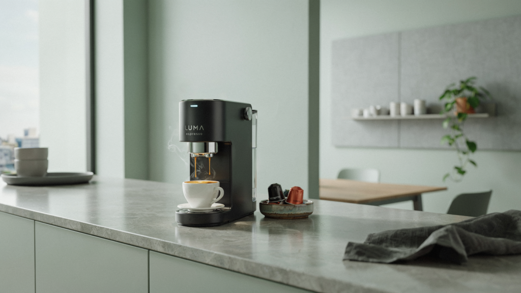Cafeteira compacta de cápsulas em copa corporativa pequena, preparando espresso em xícara branca em ambiente de escritório minimalista.