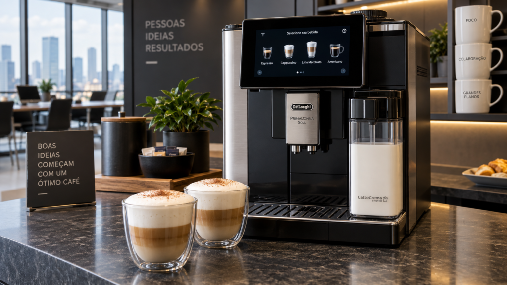 Cafeteira Oster PrimaLatte Touch em copa de escritório com dois cappuccinos cremosos à frente e jarra de leite integrada visível ao lado.