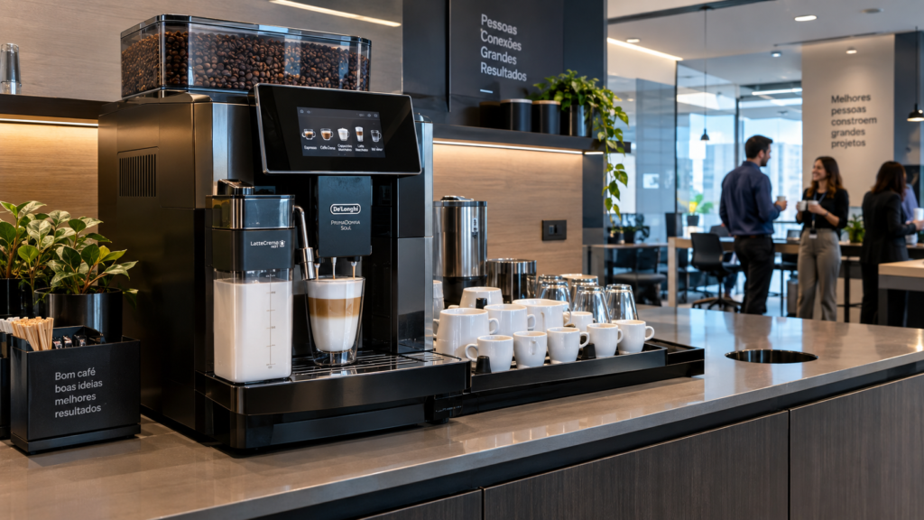 Cafeteira superautomática com compartimento de grãos e sistema de leite em copa corporativa, servindo múltiplas xícaras em sequência para ambiente de escritório médio.