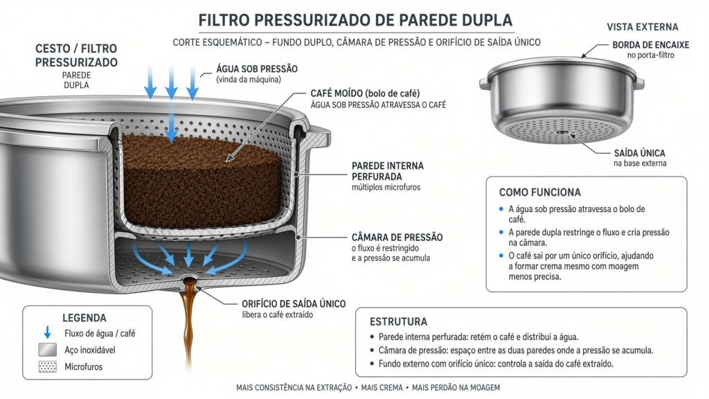 Corte transversal de porta-filtro pressurizado de dupla parede mostrando câmara de pressão interna