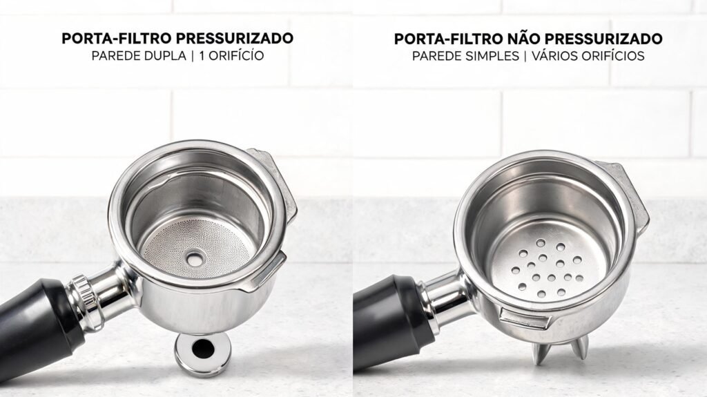 Comparação entre porta-filtro pressurizado de dupla parede e porta-filtro não pressurizado de parede simples para cafeteira espresso