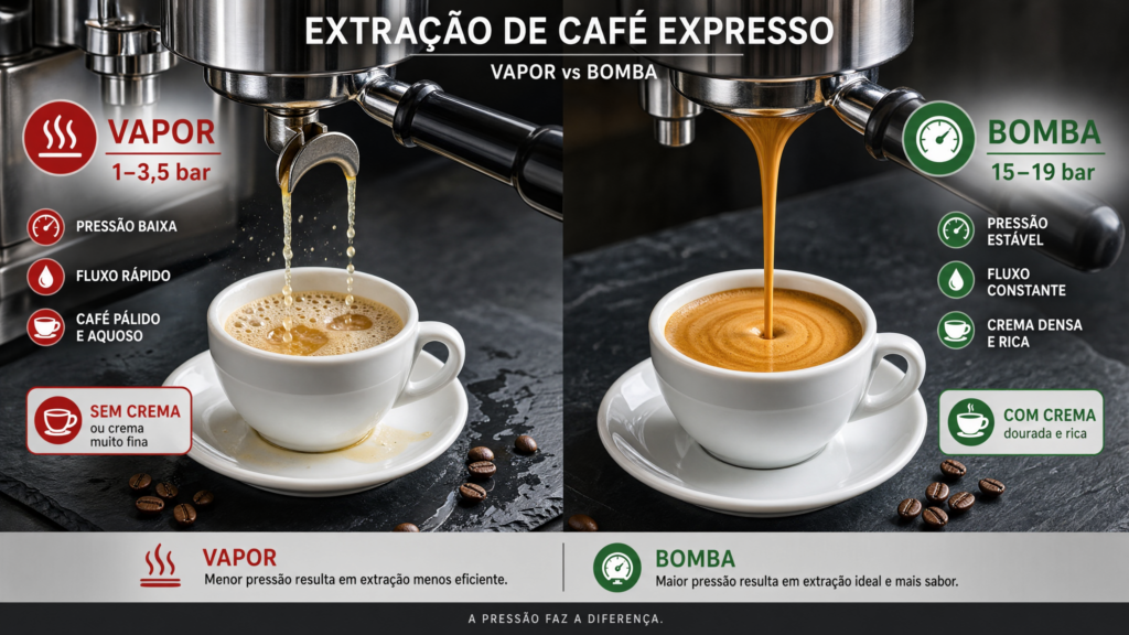 Comparativo técnico de extração entre cafeteira de pressão
por vapor (esquerda, sem crema, fluxo aguado) e cafeteira
com bomba vibratória (direita, crema dourada densa),
com indicações de pressão de cada sistema.