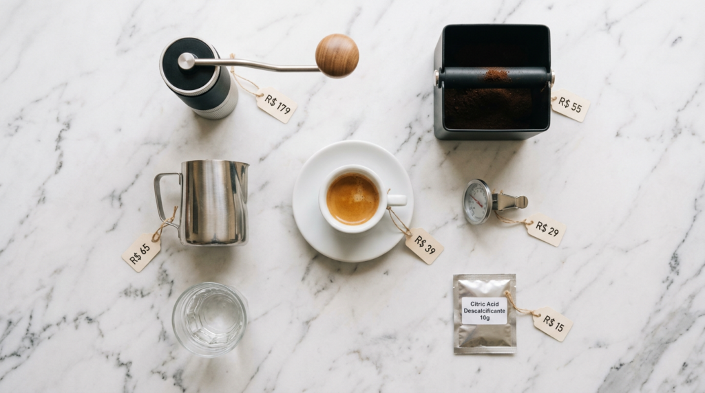Flat lay de acessórios de baixo custo que elevam o
resultado de qualquer cafeteira espresso: jarra de
aço, termômetro de clip, knock box, moedor manual
com rebarbas, água filtrada e xícara pré-aquecida
com etiquetas de preço.