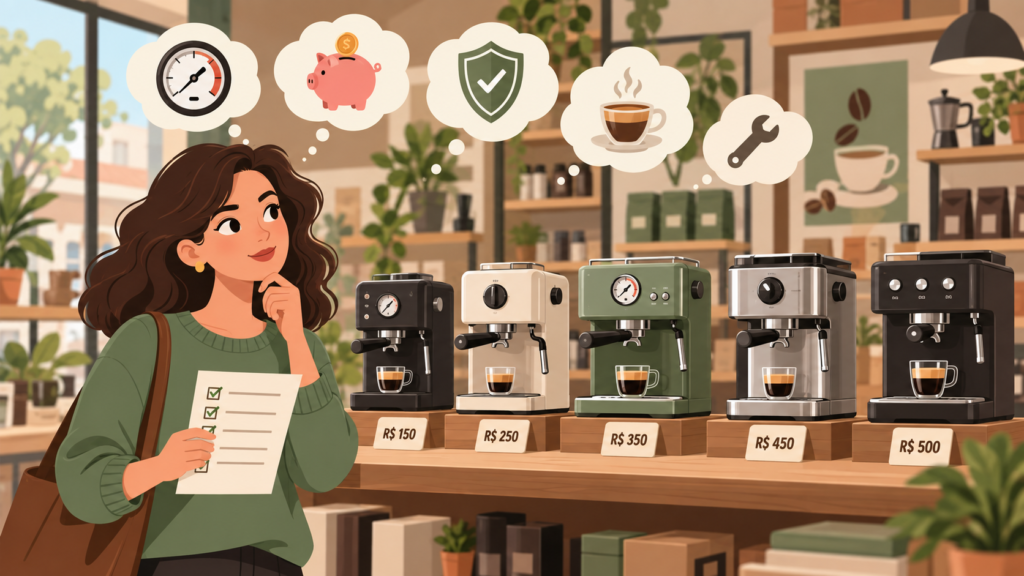 Ilustração editorial acolhedora para uma seção de perguntas frequentes (FAQ) sobre a Philco 20 bar
