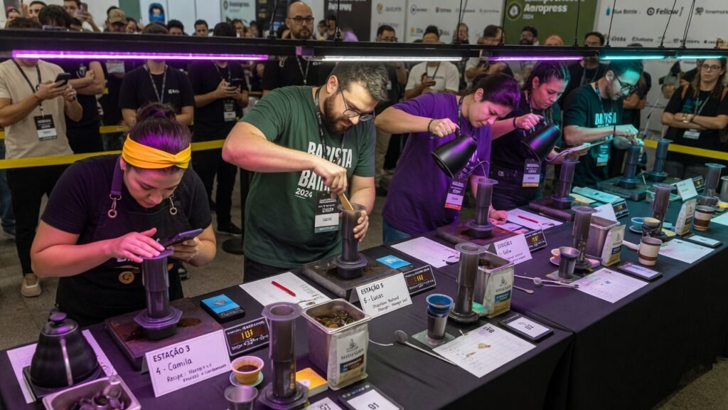 Ambiente de competição representando o Campeonato Mundial de Aeropress, com múltiplos equipamentos preparando café simultaneamente.