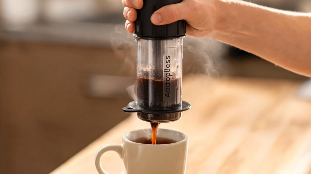Demonstração do mecanismo de pressão da Aeropress durante a etapa de prensagem do café.