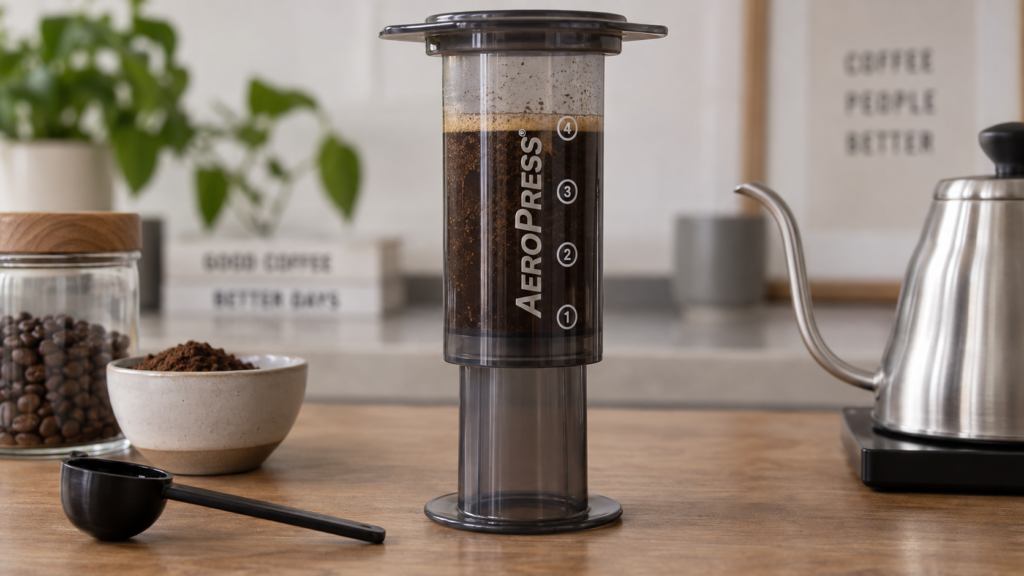 Aeropress posicionada de forma invertida durante preparo, técnica popular entre baristas e entusiastas.