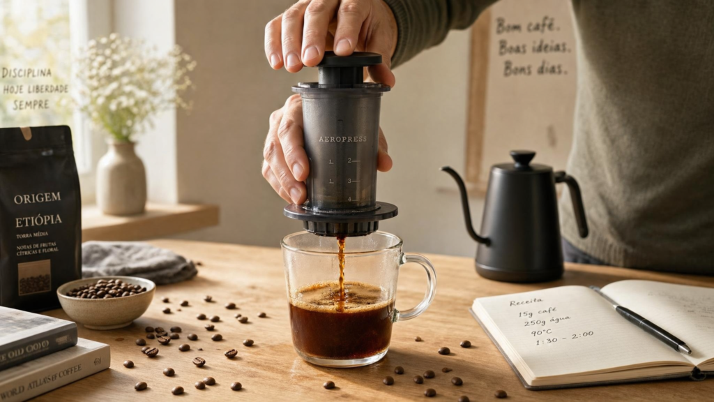 Aeropress sendo utilizada para preparo de café sobre xícara de vidro, com grãos ao redor sobre bancada de madeira.