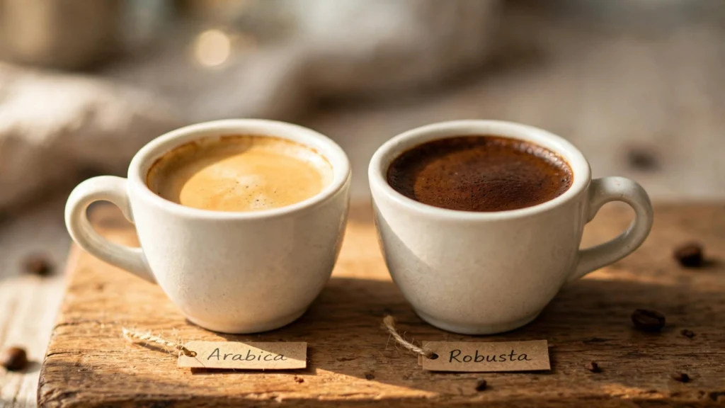 Duas xícaras de espresso lado a lado, uma preparada com café Arábica e outra com Robusta, mostrando diferenças na crema.