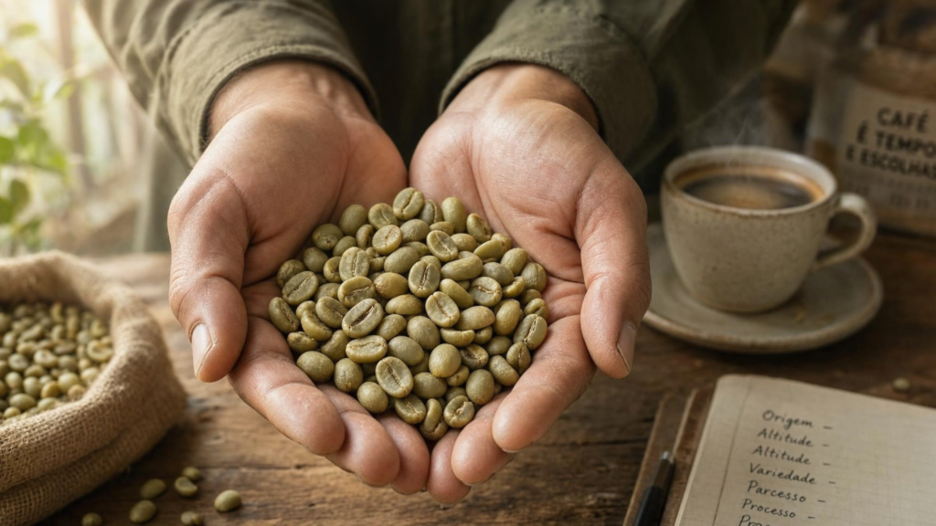 Pessoa segurando grãos de café crus nas mãos, analisando a escolha entre Arábica e Robusta.
