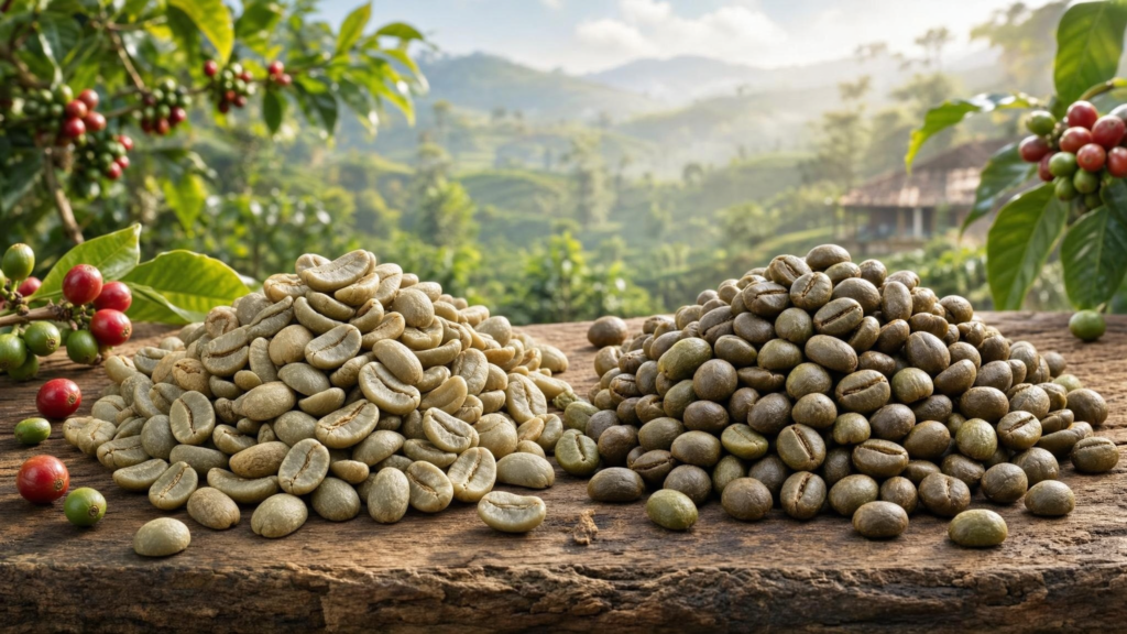Grãos de café Arábica e Robusta lado a lado sobre uma superfície de madeira, mostrando diferenças visuais entre os dois tipos.