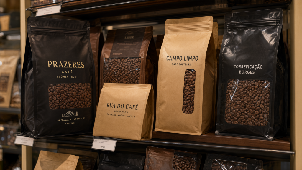 Embalagens de café mostrando rótulos com informação sobre blend de Arábica e Robusta.