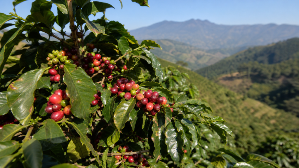 Pé de café Arábica em plantação de altitude com grãos vermelhos maduros prontos para colheita.