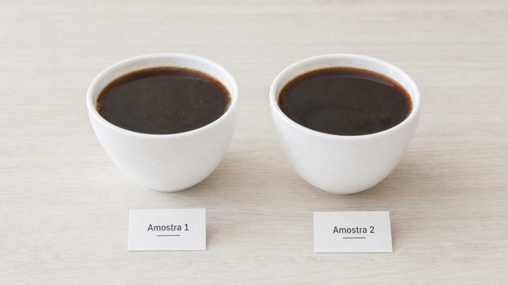 Duas xícaras de café lado a lado, uma cafeinada e outra descafeinada, preparadas para comparação sensorial.
