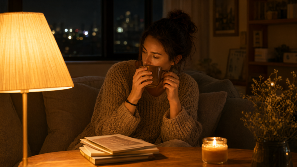 Pessoa tomando café descafeinado à noite em ambiente relaxante, representando o consumo consciente dessa alternativa.