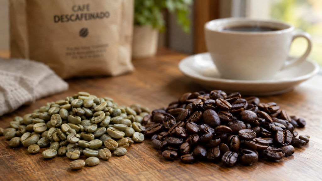 Grãos de café descafeinado crus ao lado de xícara de café pronto, representando o produto final do processo de descafeinização.