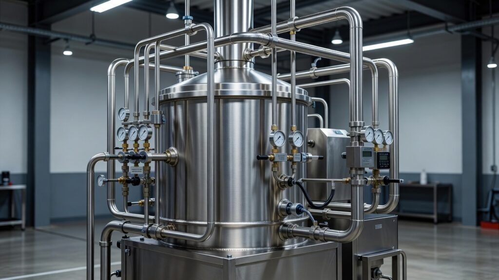 Equipamento industrial de alta pressão utilizado no processo de descafeinização por CO2 supercrítico.