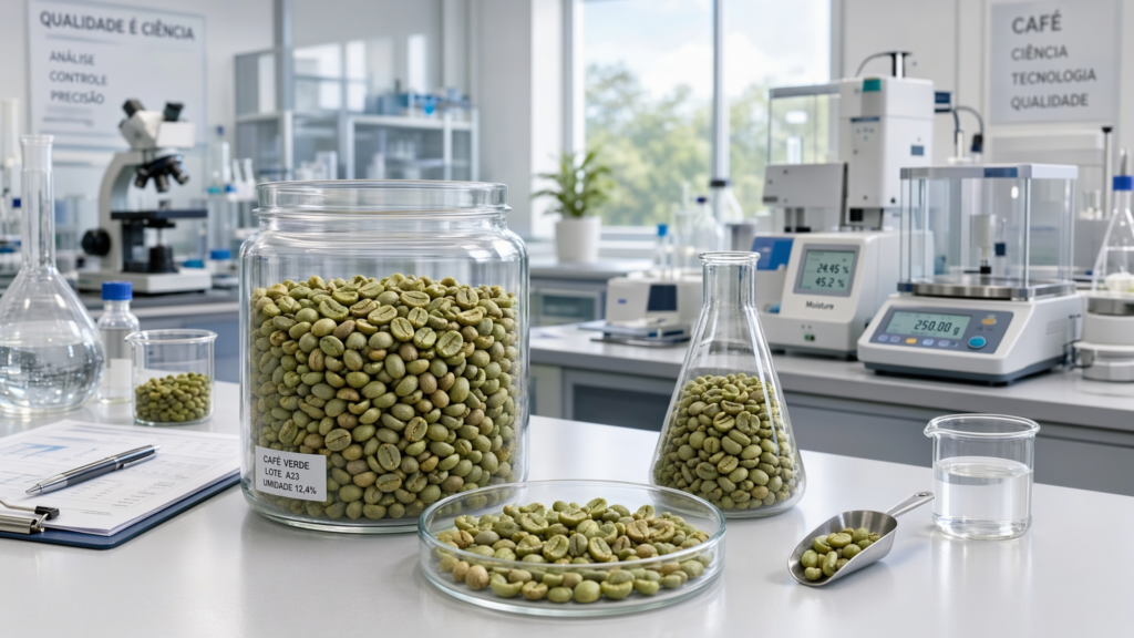 Grãos de café verdes sendo processados em ambiente laboratorial controlado, representando o método de solventes químicos.