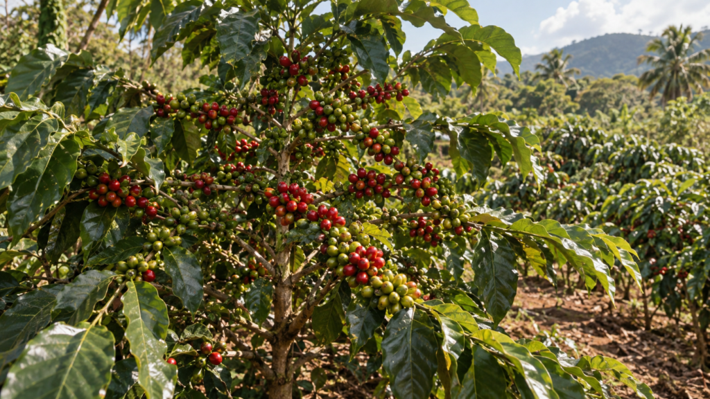Pé de café Robusta em plantação de baixa altitude com folhagem densa e resistente.