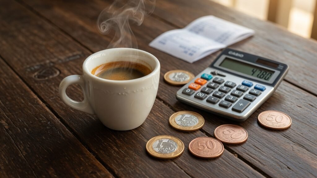 Xícara de espresso ao lado de uma calculadora e moedas brasileiras sobre uma mesa de madeira representando o custo-benefício de cafeteiras espresso.