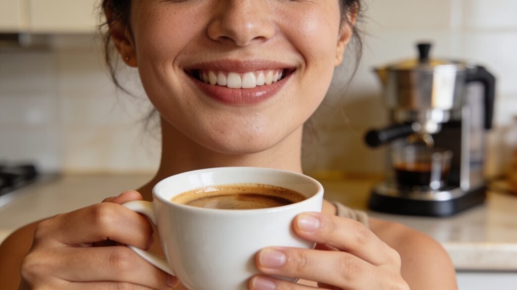 Pessoa segurando uma xícara de espresso em uma cozinha moderna e aconchegante após preparar o café com uma cafeteira espresso compacta.
