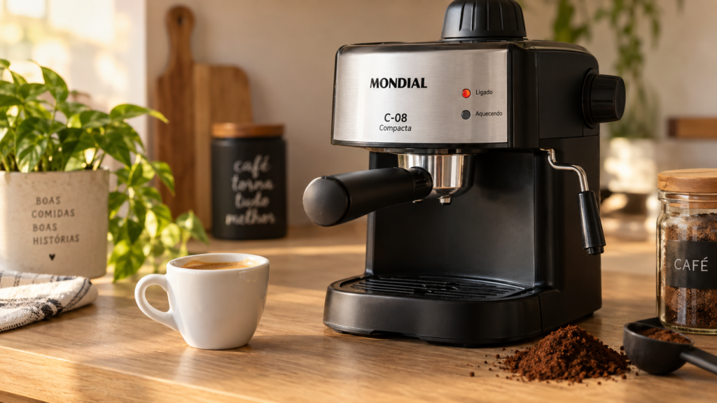 Cafeteira espresso Mondial em destaque sobre bancada de madeira clara com xícara de café e pó de café ao lado.