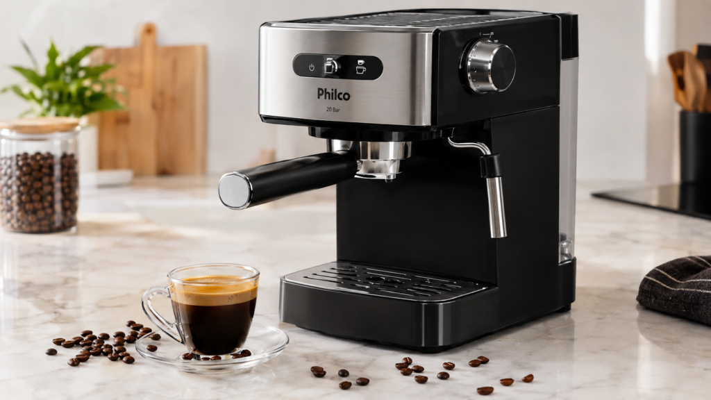 Cafeteira espresso Philco 20 Bar em destaque sobre bancada de mármore com xícara de espresso e grãos de café ao redor.