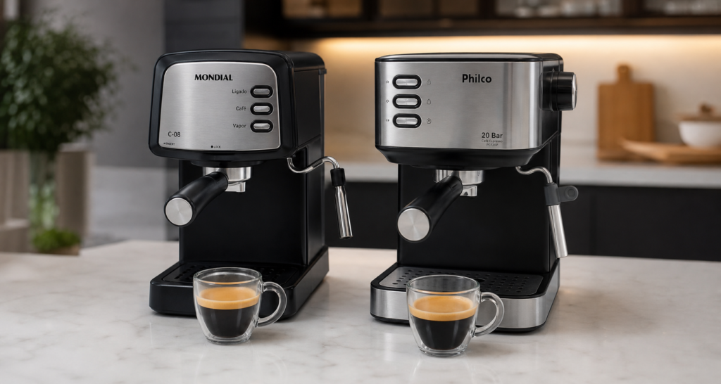 Cafeteiras Philco 20 Bar e Mondial posicionadas lado a lado sobre uma bancada de cozinha moderna com xícaras de espresso à frente.