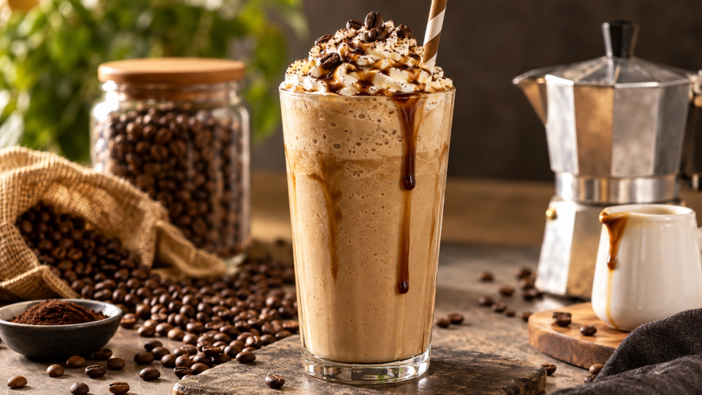 Affogato shake sendo servido em copo alto com canudo, espuma cremosa visível na superfície.