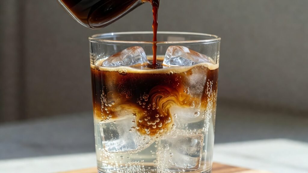 Café tônica sendo preparado com espresso sendo despejado sobre água tônica com gelo em copo transparente.
