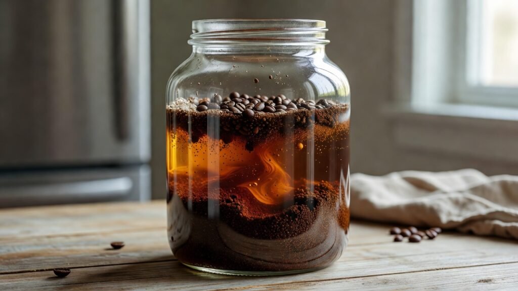 Jarra de vidro com cold brew sendo preparado por infusão lenta, grãos de café grosseiramente moídos visíveis na água.