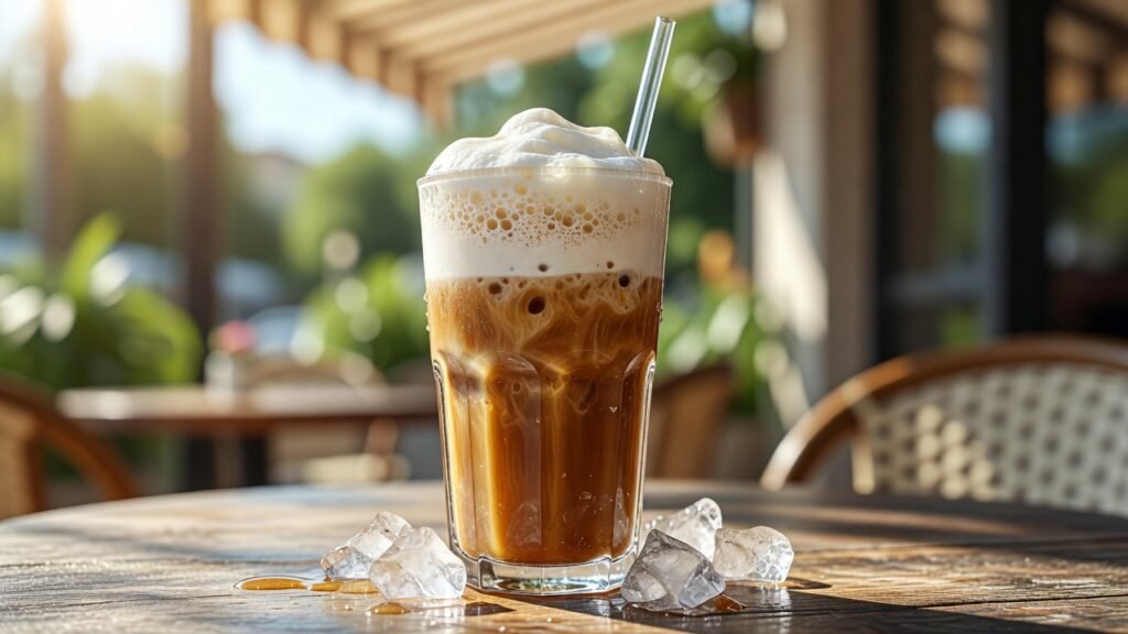 Frappé de café espumoso sendo servido em copo alto, textura cremosa e aerada visível na superfície.