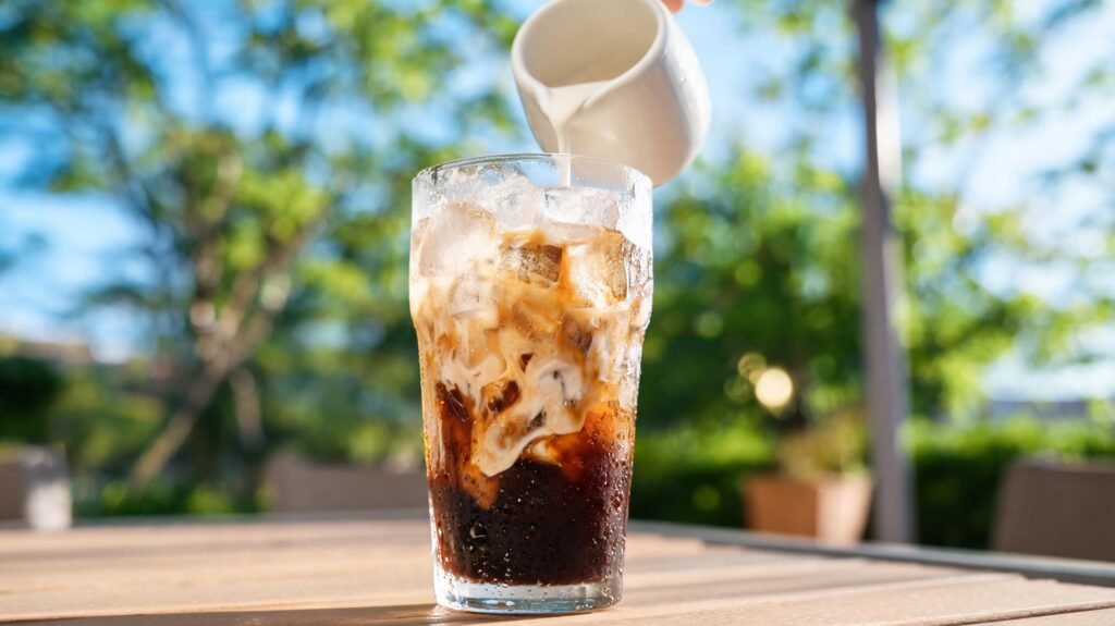 Copo de café gelado com cubos de gelo e leite sendo derramado, sobre mesa ao ar livre em dia ensolarado de verão.
