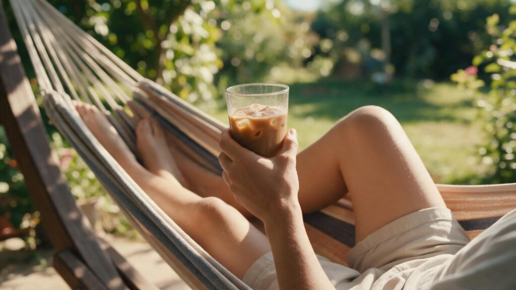 Pessoa relaxando em ambiente externo com copo de café gelado em dia quente de verão.
