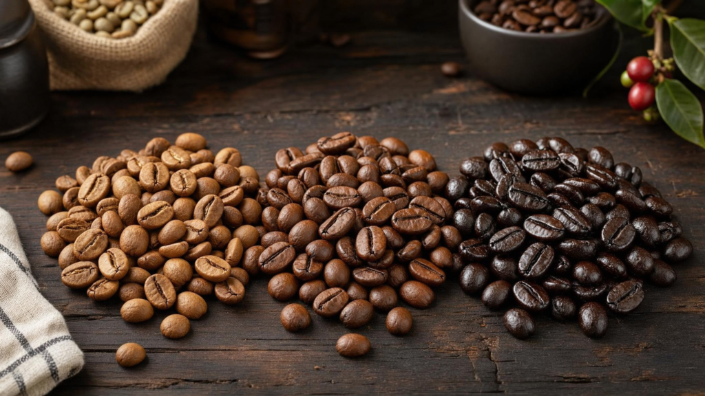 Três montes de grãos de café com diferentes níveis de torra lado a lado, do mais claro ao mais escuro.