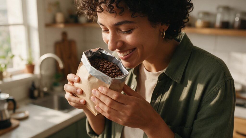 Pessoa cheirando um pacote aberto de café, avaliando o aroma de diferentes níveis de torra.